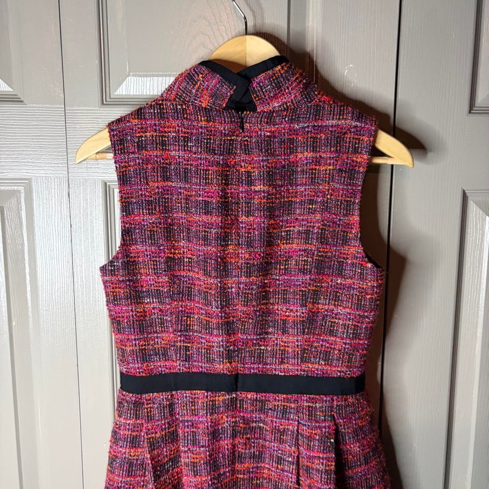 Trina Turk Pink Tweed Sleeveless Dress 4 High Neck A-Line Black Belted Accent - Picture 5 of 6